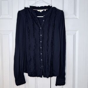 Boden‎ Women's SZ 10 Navy Blue Ruffled Button Up Long Sleeve Shirt Blouse EUC